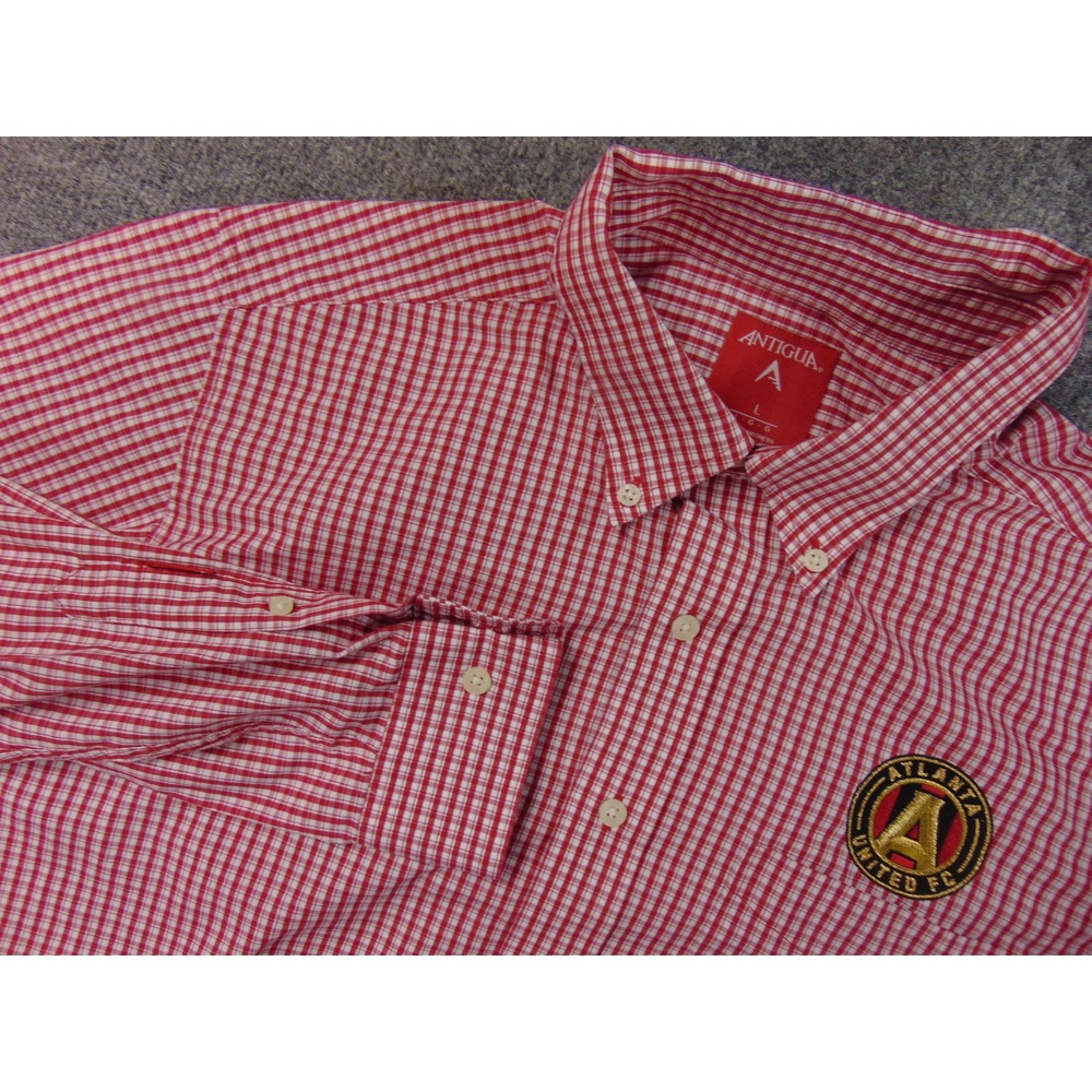 Atlanta United Mens Large Red White Gingham Check Long Sleeve Button Down Collar